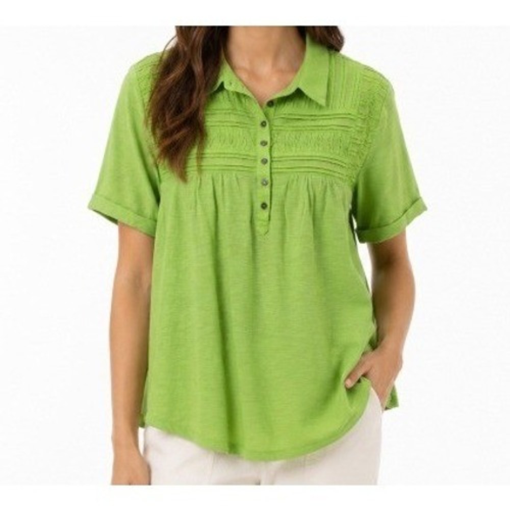 Sundance Womens L Boho Pintuck Short Sleeve Top in Green